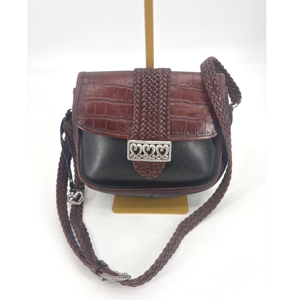 Brighton Braided Leather‎ Crossbody Bag Black Brown Heart Buckle